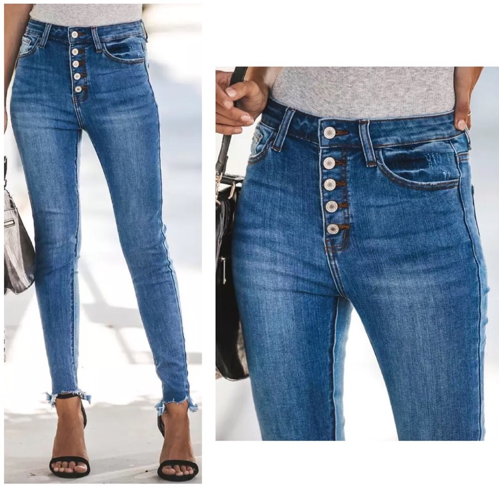 Trendy High Waist Button Fly Jeans